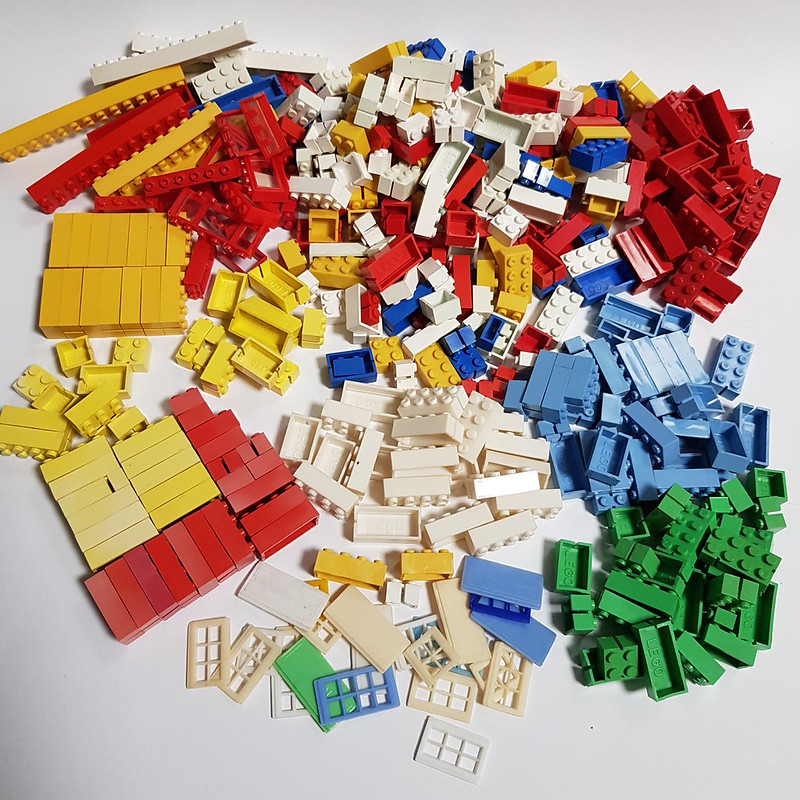A collection of LEGO slotted bricks from the 50s