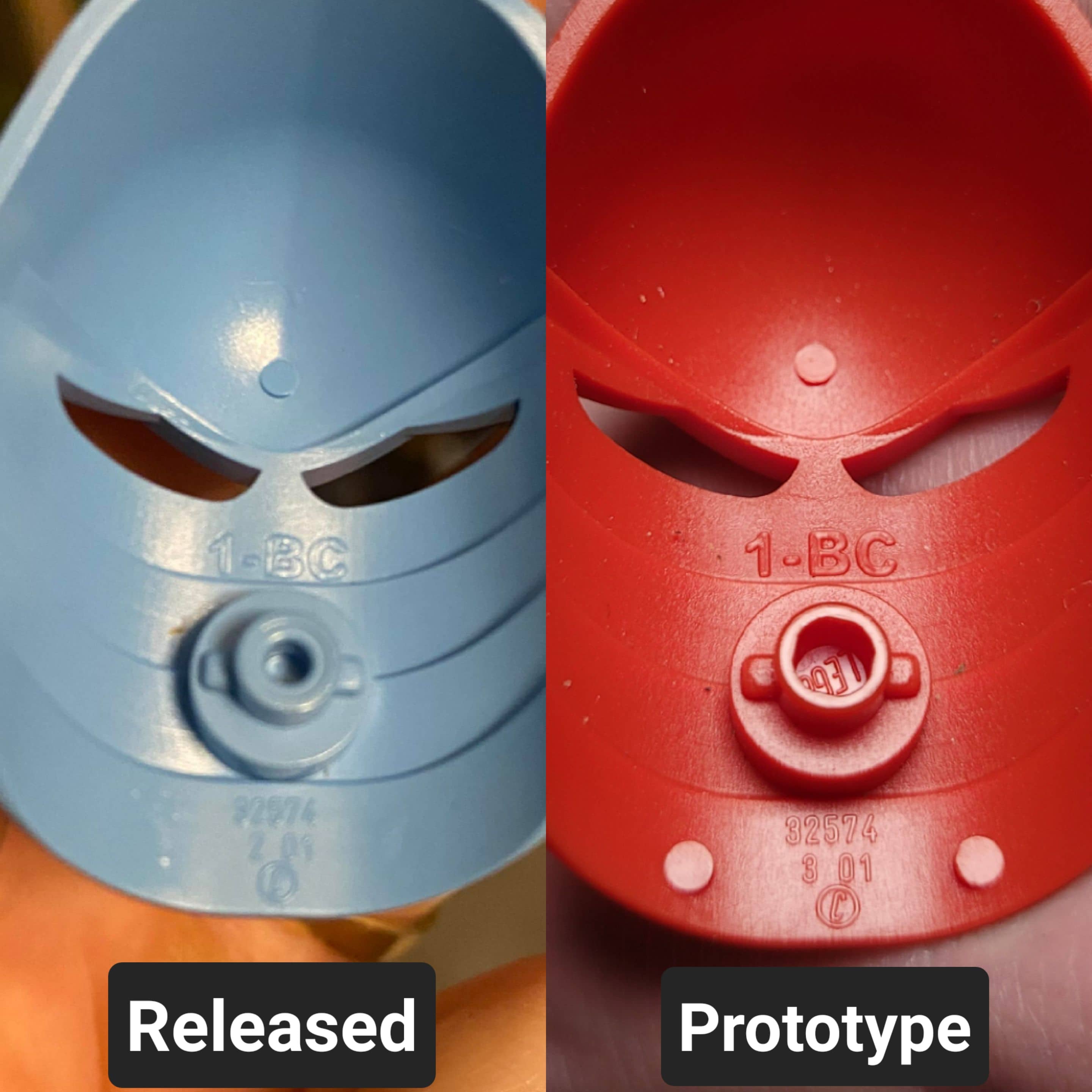 A prototype LEGO Bionicle mask compared to a normal mask